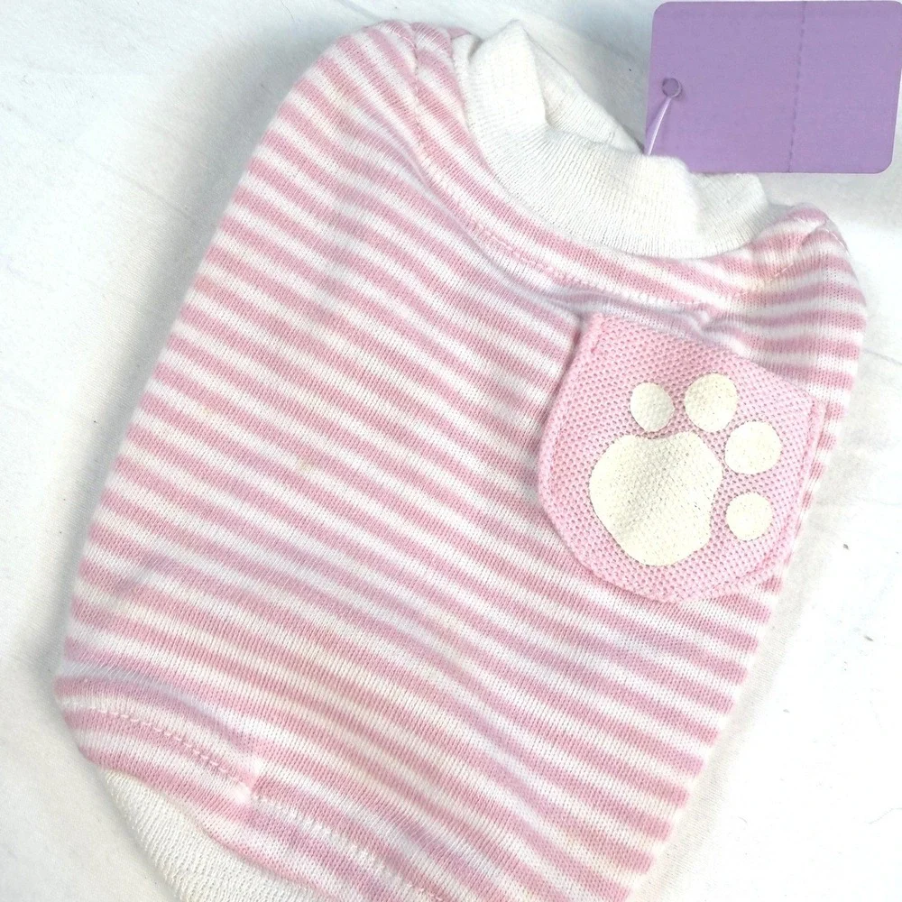 Boutique Pet Shirt Unisex XS Pink Striped Paw Print Pocket Dog Cat NWT
